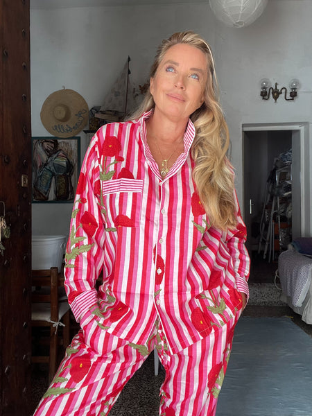 Pyjama   cozy lounge wear made with hand block print cotton- Pink Poppie stripes