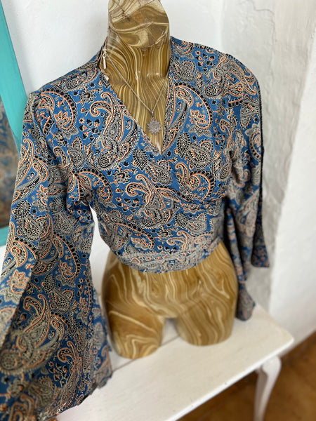 Bohemian  Wrap Top Print – Spiritual Festival Crop Blouse hippie wrap blouse Silky -  AUROBELLE  IBIZA
