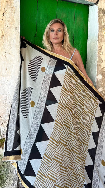 Big size Sarong ,Hand Block Printed Extra Large Sarong | Organic Cotton Muslin | Natural Bagru Print with Golden Sari -yellow -  AUROBELLE  IBIZA