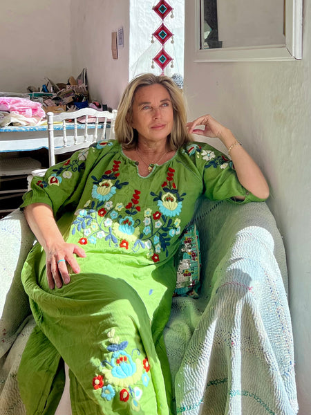 Salu dress with hand embroidery -green  with color embroidery