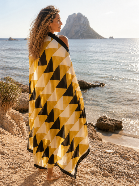 Hand made Block print Sarong yellow black abstract