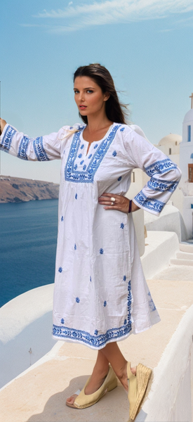 Mumbai  dress white with hand embroidery in sky blue