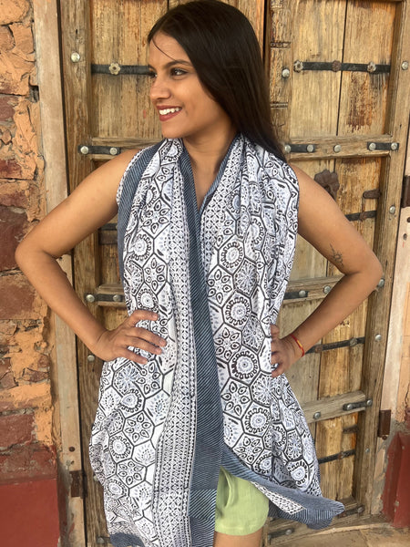 Sarong   , Pareo  , cotton shawl and beach Deluxe Block print collection,elegant grey 🌸 -  AUROBELLE  IBIZA