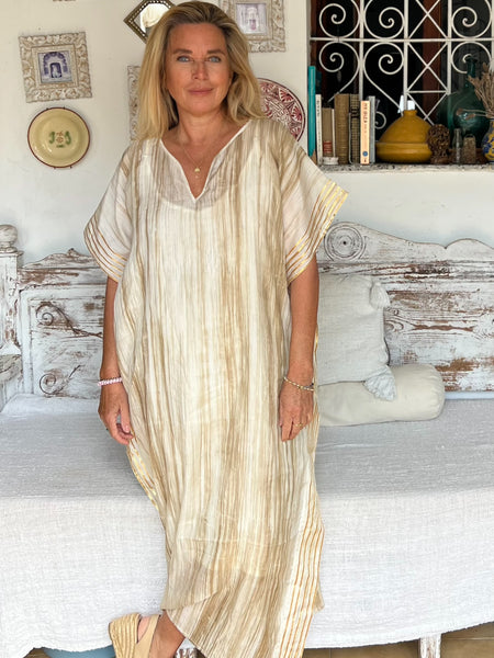 🌿 Silk Sari Kaftan – Beige with Soft Gold Stripes (One of a Kind) -  AUROBELLE  IBIZA