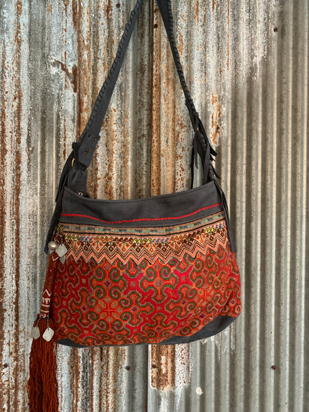 Chiang mai Bag with antique tribal embroidery and leather patchwork