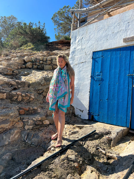 Sarong   , Pareo  , cotton shawl and beach Deluxe Block print collection, formentera turquoises🪷 -  AUROBELLE  IBIZA