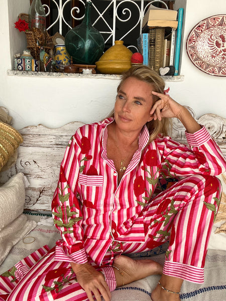 Pyjama   cozy lounge wear made with hand block print cotton- Pink Poppie stripes