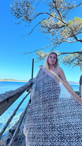 Big size Sarong ,Hand Block Printed Extra Large Sarong | Organic Cotton Muslin | Natural Bagru Print with Golden Blue flower -  AUROBELLE  IBIZA