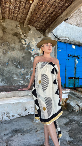 Big size Sarong ,Hand Block Printed Extra Large Sarong | Organic Cotton Muslin | Natural Bagru Print with Golden Modern Art  🌺 -  AUROBELLE  IBIZA