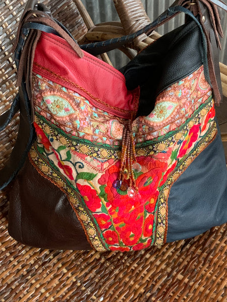 Chiang mai Bag with antique tribal embroidery and leather patchwork
