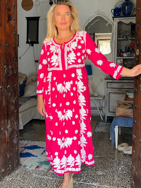 💗 Rani Dress – Hot Pink with Hand Embroidery -  AUROBELLE  IBIZA