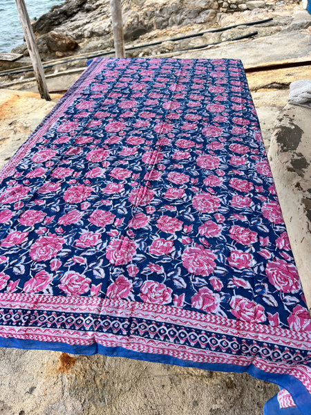 Sarong   , Pareo  , cotton shawl and beach Deluxe Block print collection, blue 🌸 pink flower -  AUROBELLE  IBIZA