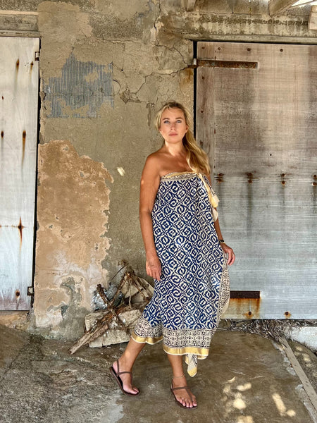 Hand Block Printed Extra Large Sarong | Organic Cotton Muslin | Natural Bagru Print with Golden Sari Border no 2Hexaclon