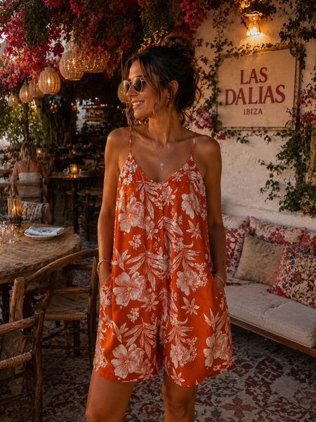 Ibiza Tropical Loose Jumpsuit – Sunset Orange Print