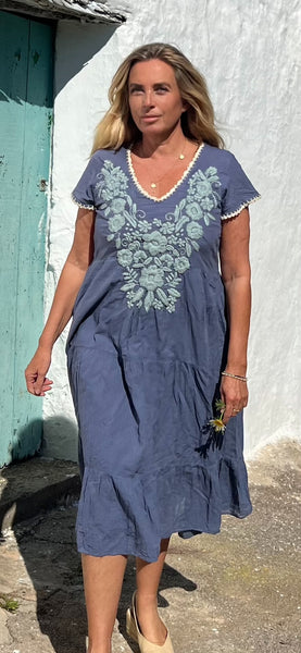 Pai dress grey hand embroidery -  AUROBELLE  IBIZA