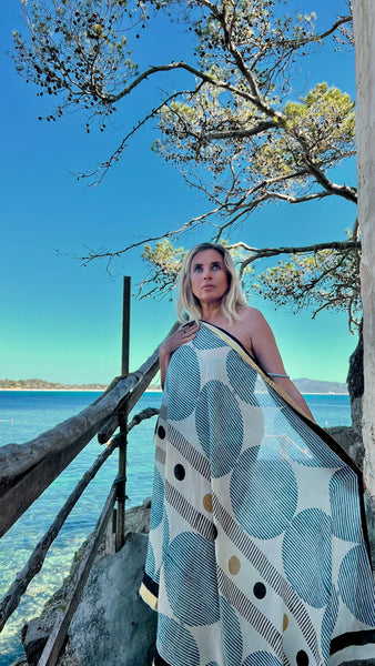 Big size Sarong ,Hand Block Printed Extra Large Sarong | Organic Cotton Muslin | Natural Bagru Print with Golden Sari Blue big circle -  AUROBELLE  IBIZA