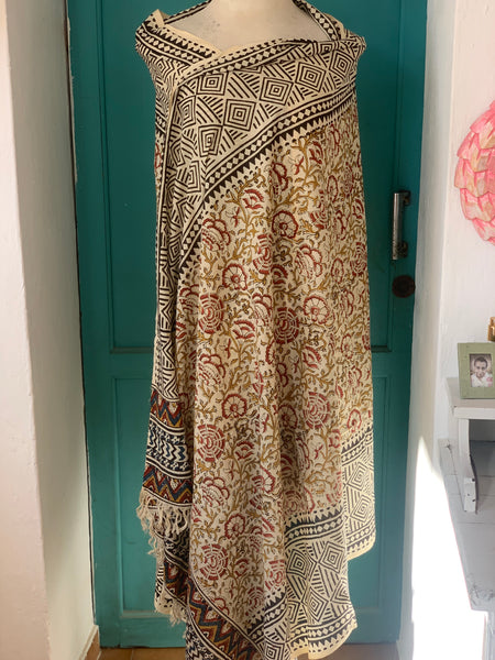 Big size Bagru Sarong  , dupatta - Pareo  - yellow flower /block print cotton shawl  Red flower new collection