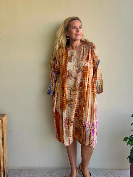 Hanoi silk dress no 8 ocker  multi flower