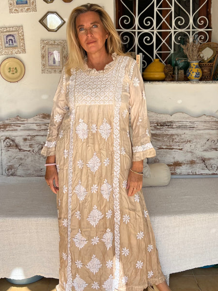 Empire dress with hand embroidery shadet beige -  AUROBELLE  IBIZA