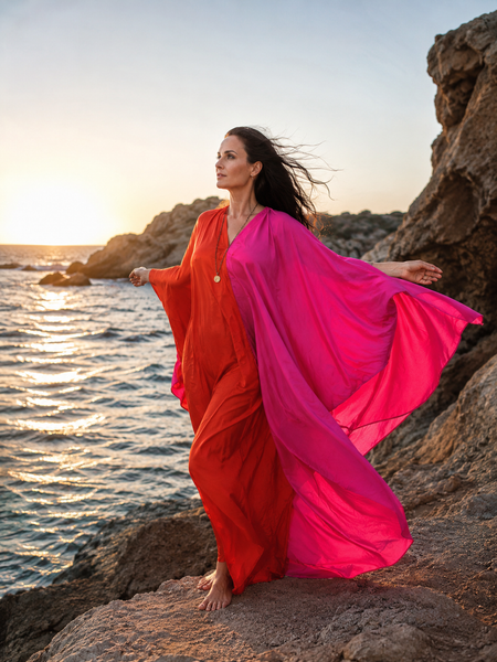Special orange and pink silk kaftan -  AUROBELLE  IBIZA