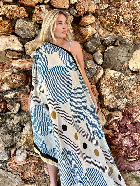 Big size Sarong ,Hand Block Printed Extra Large Sarong | Organic Cotton Muslin | Natural Bagru Print with Golden Sari Blue big circle -  AUROBELLE  IBIZA