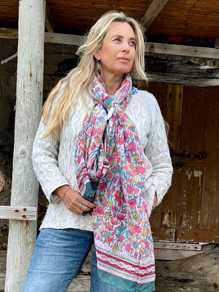 Sarong   , Pareo  , cotton shawl and beach Deluxe Block print collection emerald red flower print -  AUROBELLE  IBIZA