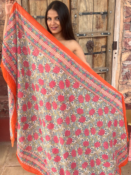 Sarong   , Pareo  , cotton shawl and beach wrap block print deluxe collection, orange calendula 🌹 -  AUROBELLE  IBIZA