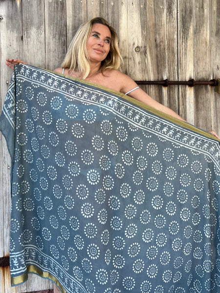 Big size Sarong ,Hand Block Printed Extra Large Sarong | Organic Cotton Muslin | Natural Bagru Print with Golden Grey cool   🌺 -  AUROBELLE  IBIZA