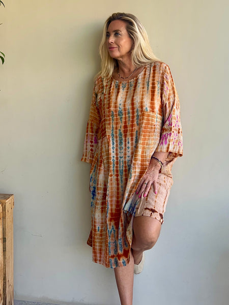 Hanoi silk dress no 9  ocker  multi
