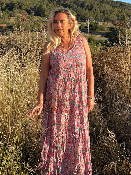 Tulsi dress pinky Hand block printed -  AUROBELLE  IBIZA