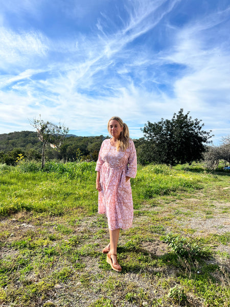 Linen dress soft flower beige pink -  AUROBELLE  IBIZA