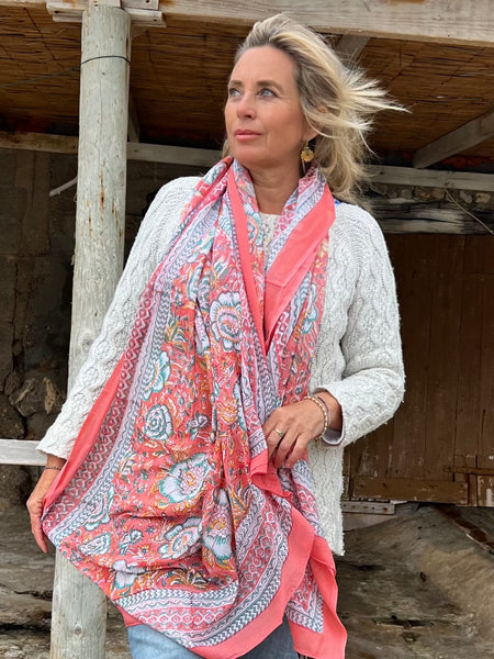 Sarong   , Pareo  , cotton shawl and beach Deluxe Block print collection, abricot flower -  AUROBELLE  IBIZA