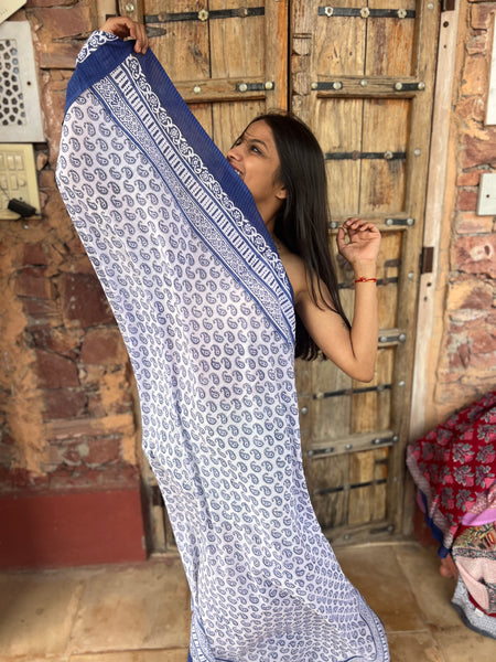 Sarong   , Pareo  , cotton shawl and beach Deluxe Block print collection,Ibiza blue and white  💙 -  AUROBELLE  IBIZA