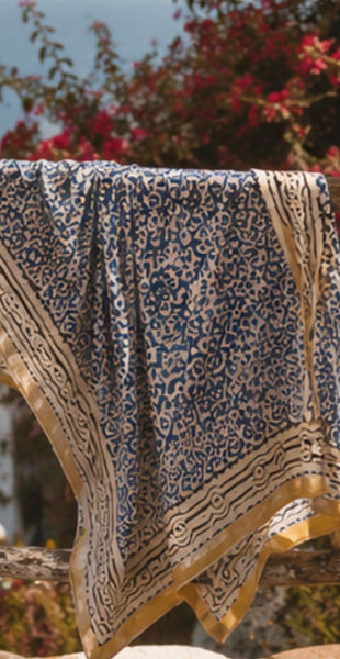 Detail of the indigo blue flower hand block print pattern