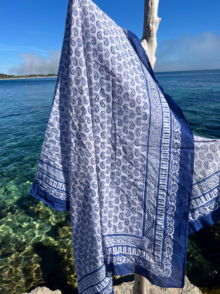 Sarong   , Pareo  , cotton shawl and beach Deluxe Block print collection,blue white paisley 🪷 -  AUROBELLE  IBIZA