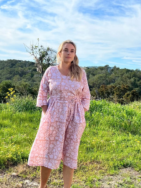 Linen dress soft flower beige pink -  AUROBELLE  IBIZA