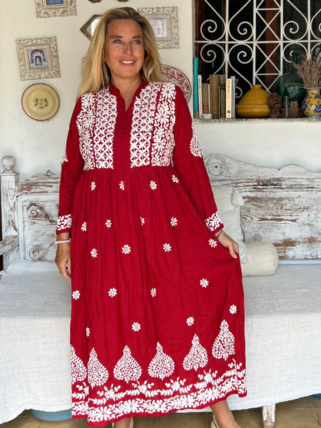 ❤️ Collar Dress – Red with Hand Embroidery -  AUROBELLE  IBIZA