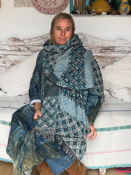 Cosy merino wool shawl in Ibiza blue color  abstract design