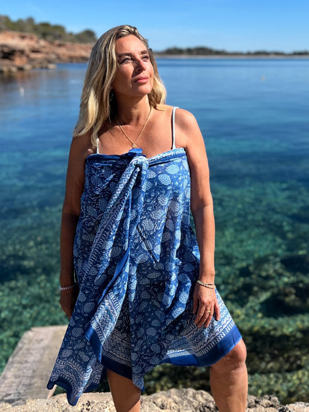 Sarong   , Pareo  , cotton shawl and beach Deluxe Block print collection, blue flower  🪷 -  AUROBELLE  IBIZA