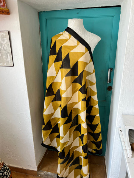 Hand made Block print Sarong yellow black abstract