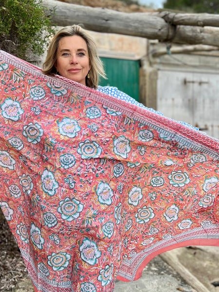 Sarong   , Pareo  , cotton shawl and beach Deluxe Block print collection, abricot flower -  AUROBELLE  IBIZA