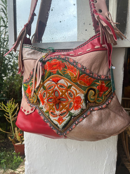 Chiang mai Bag with antique tribal embroidery and leather patchwork