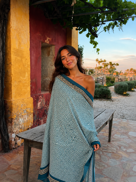 Sarong   , Pareo  , cotton shawl and beach Deluxe Block print collection, ethic blue black geo -  AUROBELLE  IBIZA