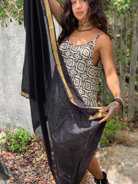 Sarong    or Pareo - Dupata in hand woven  Khadi in black with gold border