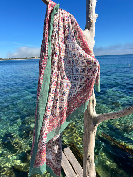 Sarong   , Pareo  , cotton shawl and beach Deluxe Block print collection,olive green classy    🪷 -  AUROBELLE  IBIZA