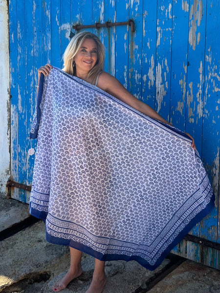 Sarong   , Pareo  , cotton shawl and beach Deluxe Block print collection,blue white paisley 🪷 -  AUROBELLE  IBIZA