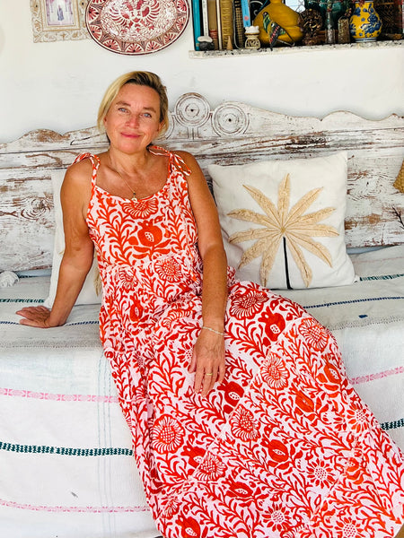 Orange Flower Strap Maxi Dress – Hand Block Print