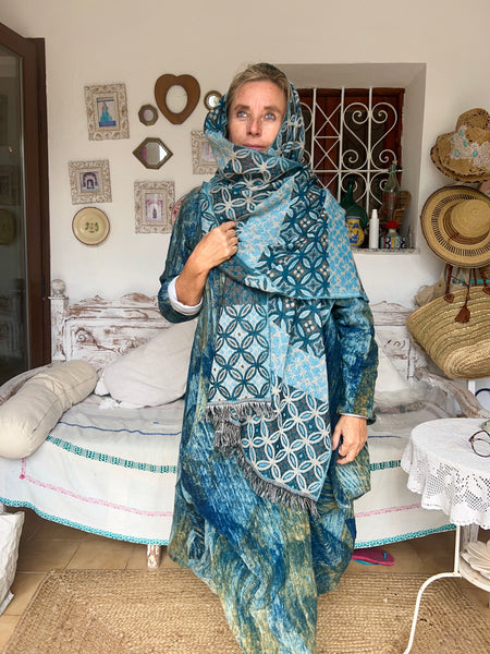 Cosy merino wool shawl in Ibiza blue color  abstract design