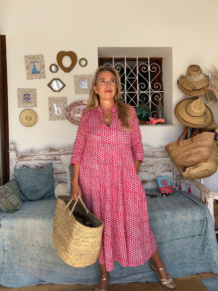 Anarkali  Ibiza red  block print, boho tunica style  dress