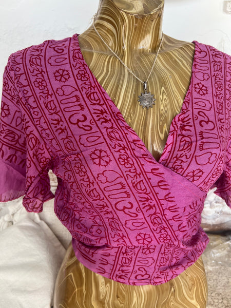 Bohemian  Wrap Top with Om Print – Spiritual Festival Crop Blouse hippie wrap blouse short arm